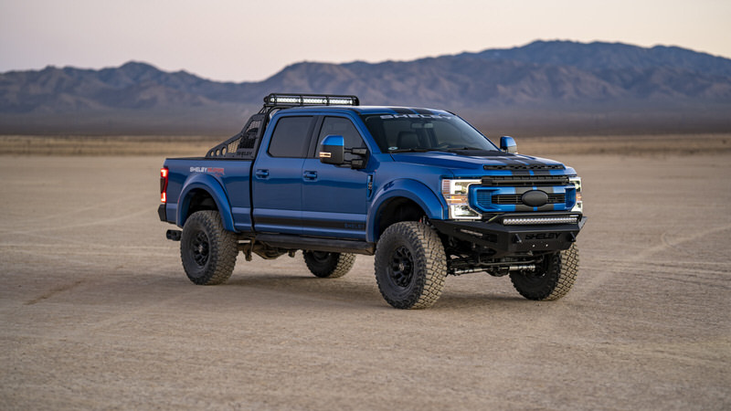 Blue Ford Shelby pickup in the desert