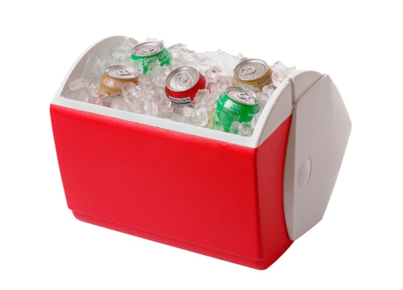 Fridge vs Icebox: red ice box filled with ice and sodas