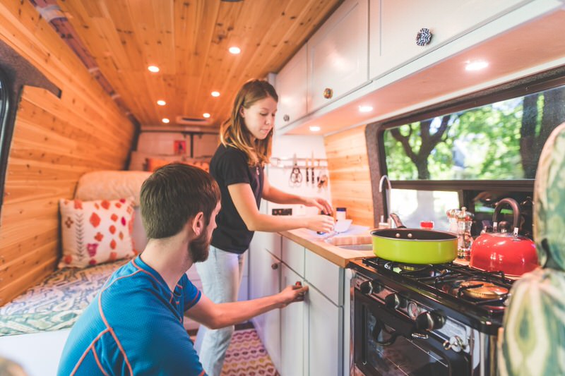 Two people cooking in an RV