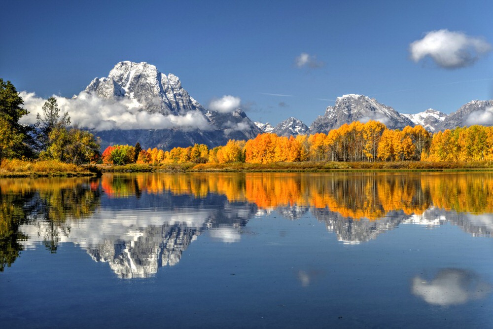 Tetons and fall colors reflected in a lake