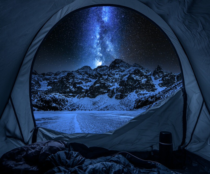 View of winter night from a tent