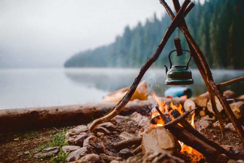 kettle over a campfire