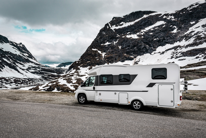 RV in snowy mountains with a diesel forced air heater