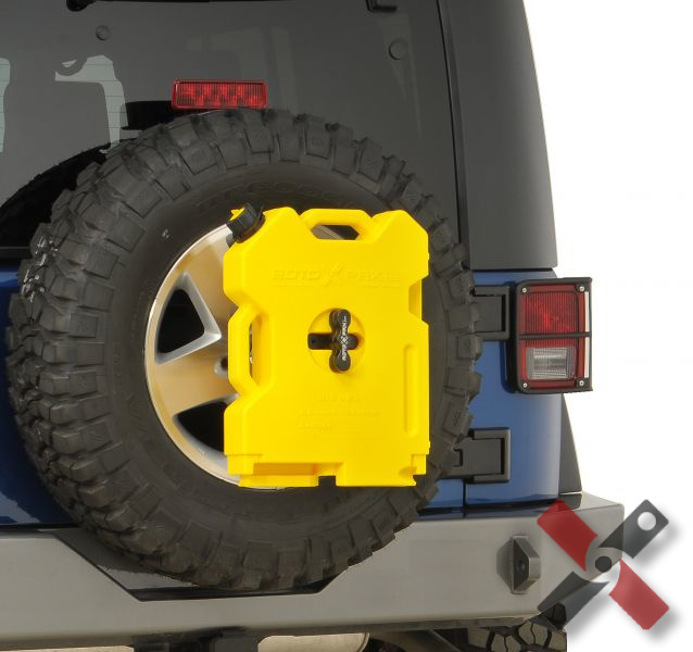 Yellow Rotopax on the back of a jeep