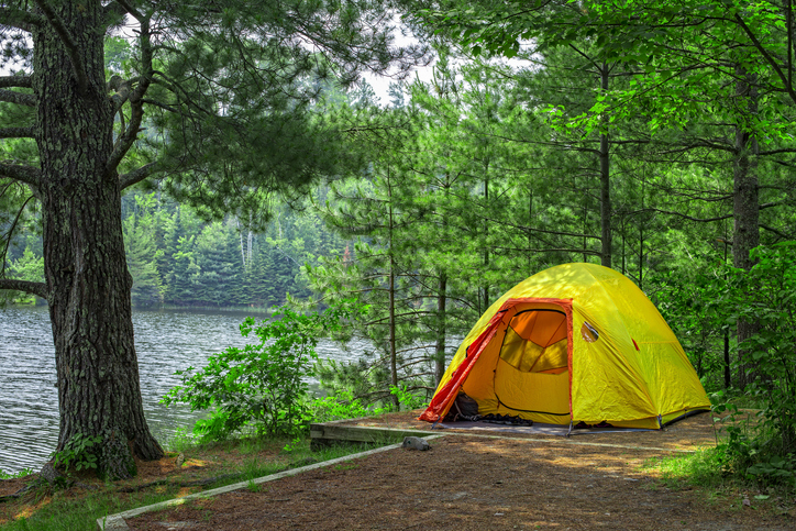 yellow tent in the forest next to a river