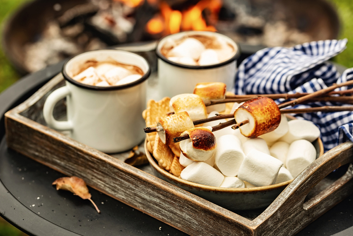 two cup of cocoa or hot chocolate and skewers of roasted marshmallows over campfire