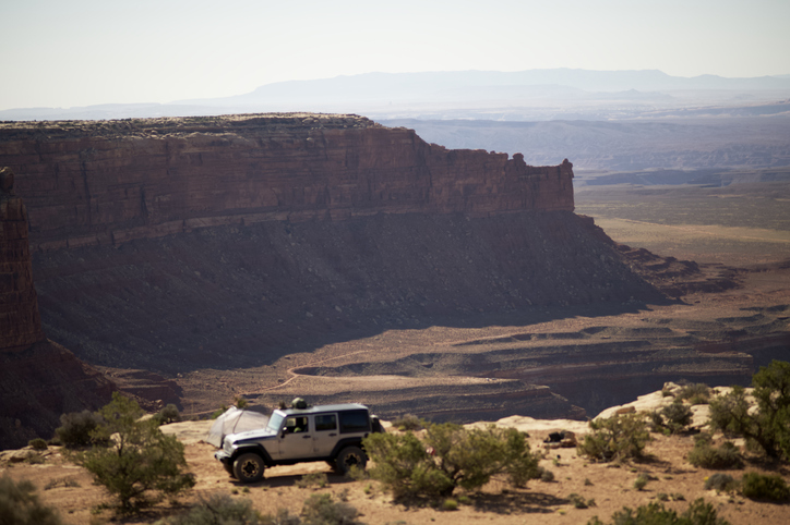 Tent and car camping at overlook of Muley Point in southern Utah