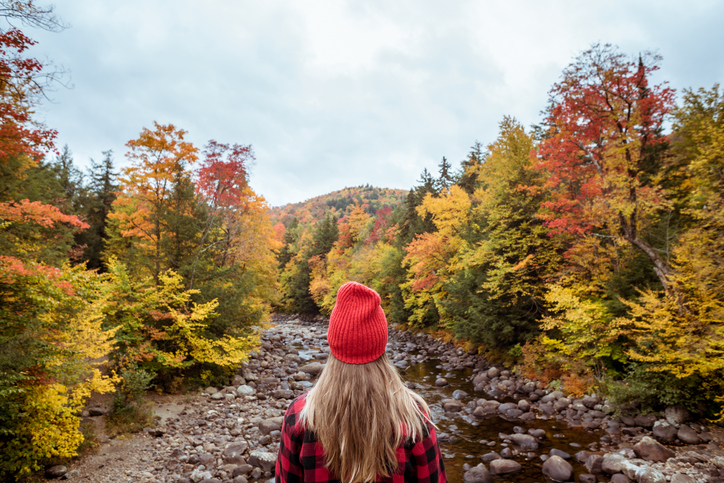 Female hiker in the mountains on a fall day with vibrant fall trees.