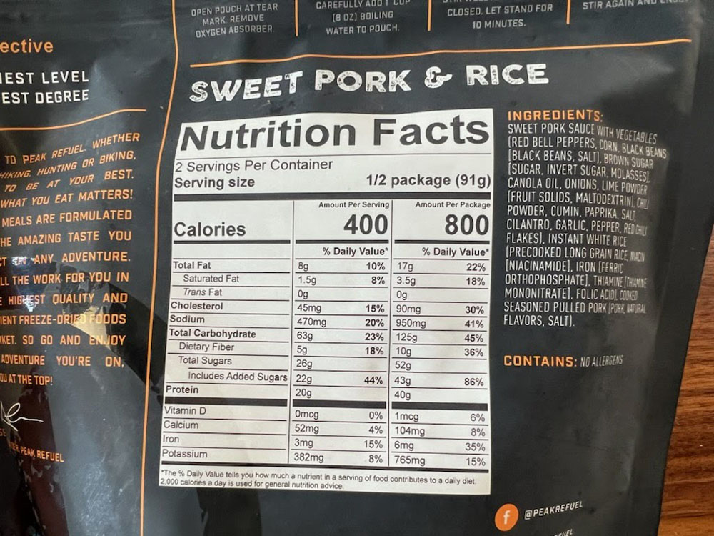 peak refuel sweet pork and rice nutrition facts