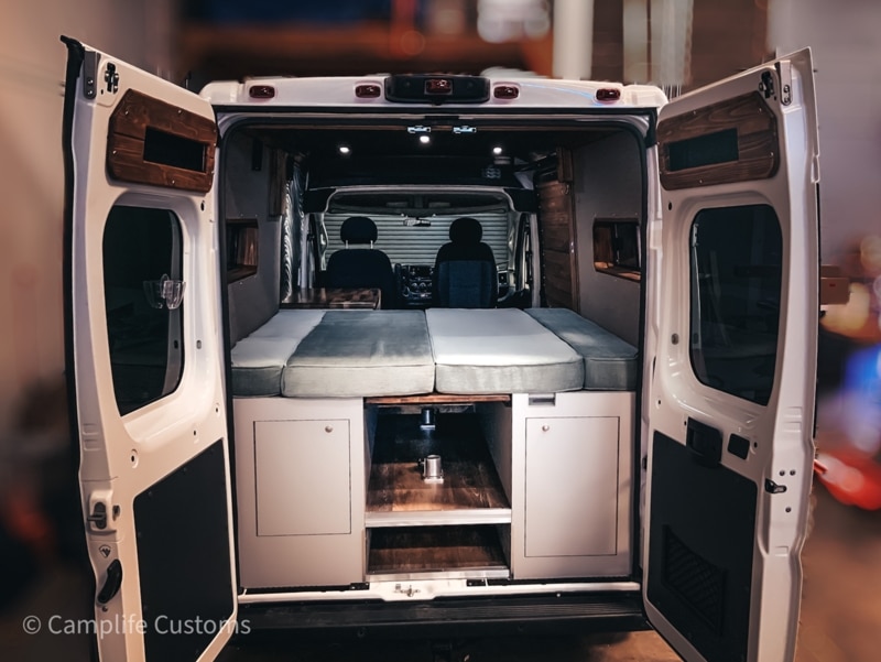 open back doors of a Ram ProMaster van by Camplife Customs