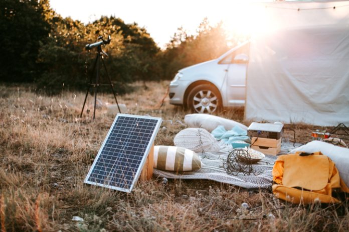 Cozy camping setup with solar panel