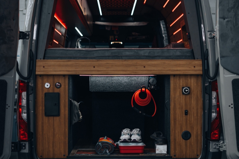 Interior of a converted Mercedes Sprinterby Camplife Customs