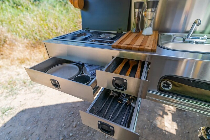 Sno Trailer kitchen with open drawers