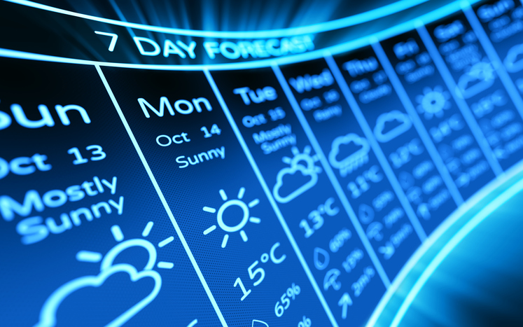 Weather forecast on a digital display. 7 day dashboard. 